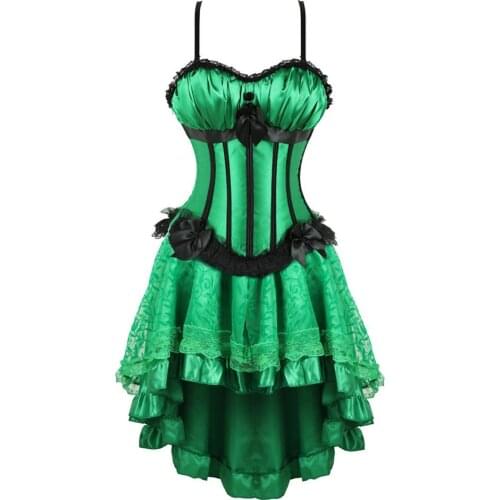 Gothic Steampunk Dress Vintage Sexy Erotic Lingerie Lace Up Boned Green Corset Bustier With Min Skirt
