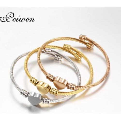 Fashion Stainless Steel Bracelet For Women Twisted Cable Wire Heart Charm Bracelet Rose Gold Silver Color Bangle Jewelry Gift