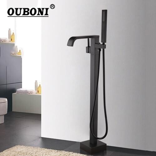 OUBONI Floor Mounted Brass Chrome Bathtub Shower Faucet Sets Matte Black Floor Stand Free Standing tub filler Shower Faucets