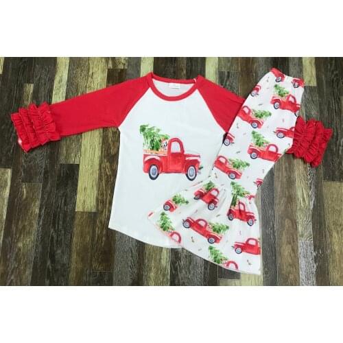 Baby little girl truck Christmas tree ruffled lace top bell bottom holiday boutique set