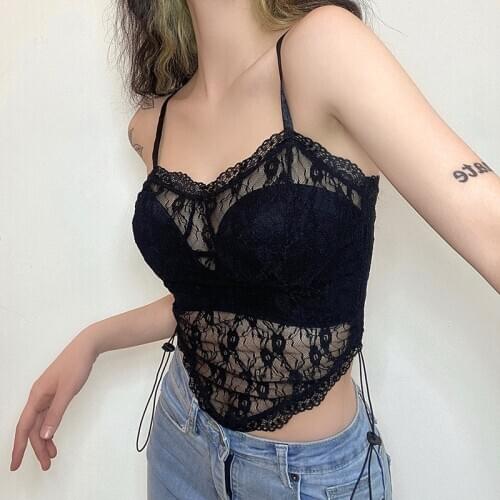 Summer Sexy Lace Transparent Backless Cami Top Mesh Sleeveless Spaghetti Strap Top Ruched Drawstring Y2K Women Black Clothes