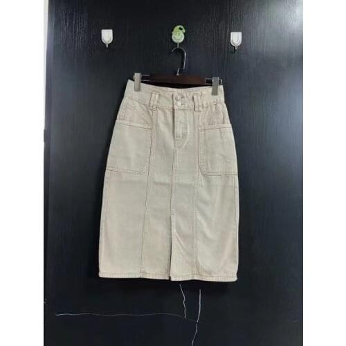 Women High Waist Demin Midi Skirt 2021 Autumn Winter Front Split Mid-Length Skirts Jupe With Pockets