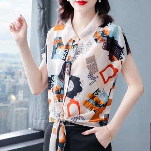 Summer Femme Chiffon Shirts Elegant Doll Collar Short Sleeve Temperament Blouses Print Women Loose Tops Blusesr MM0796