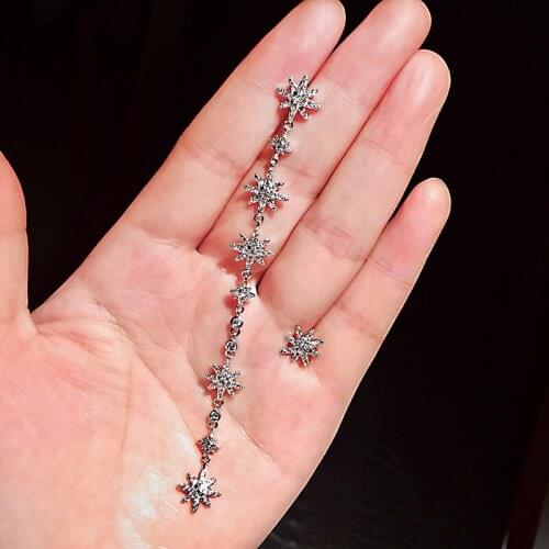 OL Fashion S925 Silver Post Asymmetriy Zircon Star Chain Long Pendant Earrings for Women Brand Jewelry