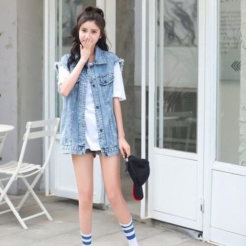 Korean Loose Sleeveless Embroidered Flares Letter Womens Denim Vest Single Breasted Ripped Casual Streetwear Female Waistcoats