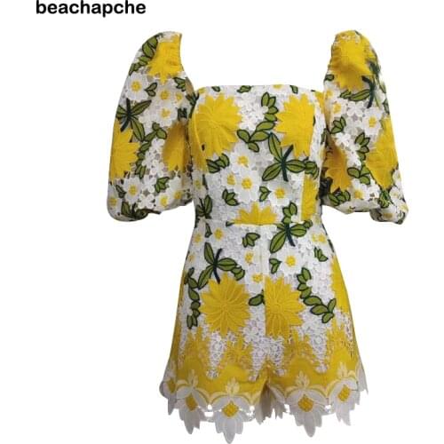 Beachapche 2021Yellow Lace Sexy Women Jumpsuits Puff Sleeve Square Collar Playsuit Fashion High Waist Short Bodysuits