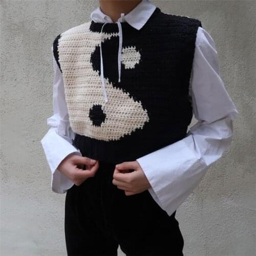 Women’s Sweater Vest Casual Sleeveless Yin and Yang Graphic Loose Jumpers Streetwear Autumn Knitted Crop Tops Female Jumpers