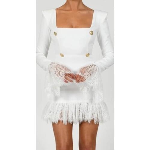 Winter New Fashion Womens Mini Long Sleeve Lace Stitching Square Neck Bandage Dress Celebrity Runway Party Dresses