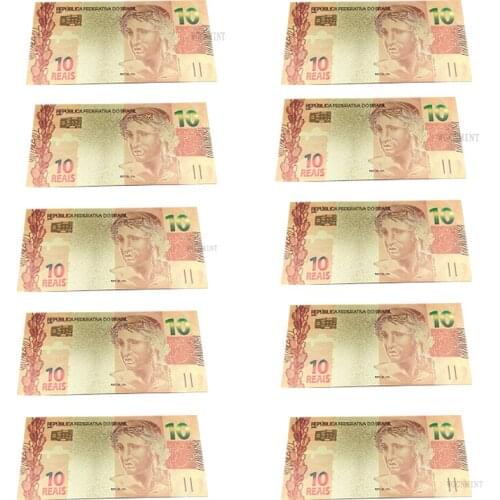 10PCS Brazil Banknote 10 Reyals Gold Foiled Platsic Banknote Crafts Gold Plated Replica Money Collection Souvenirs Drop Shipping