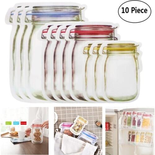 10pcs/lot Reusable Mason Jar Bottles Bags Nuts Candy Cookies Bag Fresh Food Storage Bag Snacks Zipper Sealed Kitchen Organizer