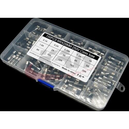 150pcs/set Glass Tube Fuse Kit Assortment 250V 5x20mm 0.1A/0.2A/0.25A/0.5A/1A/1.5A/2A/3A/4A/5A/8A/10A/12A/15A/20A Best Offer