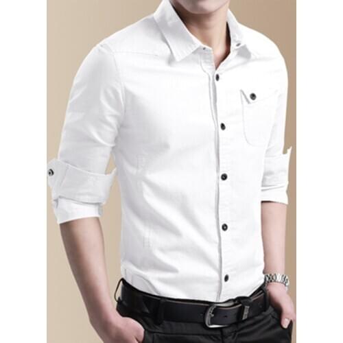 2021 New Mens Shirts Slim Fit Button Down Long Sleeve Cargo Shirts 100% Cotton Moto Biker Black Army Green Male Blouse