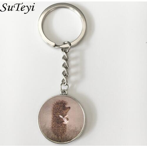 SUTEYI Cute Hedgehog Key Chain Glass Cabochon Pendant Animal Keychains Holder For Men Women Jewelry Accessories