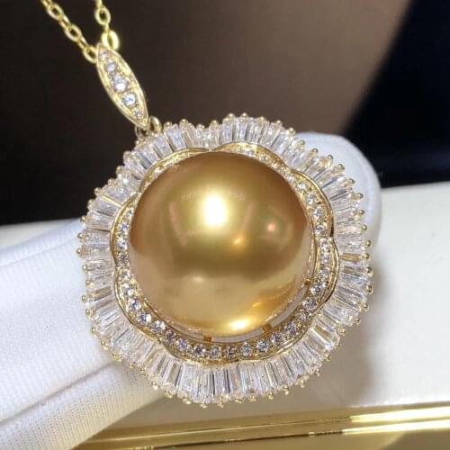 D318 Fine Jewelry 14K Yellow Gold Natural Ocean Golden Pearl 13-14mm Pendant Necklaces for Women FIne Pearls Pendants