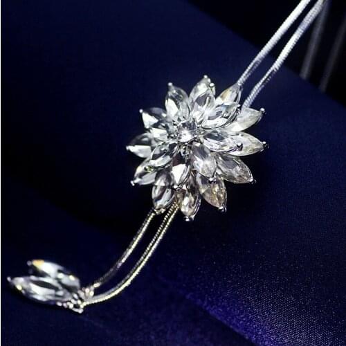 Zircon Snowflake Long Necklace For Women Sweater Chain Fashion Fine Chain Crystal Rhinestone Flower Pendant Necklaces Adjusted