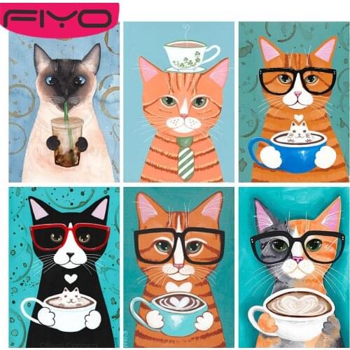 FIYO Full Square/Round Drill 5D DIY Diamond Painting "Cartoon Coffee cat" 3D Embroidery Cross Stitch 5D Home Decor Gift