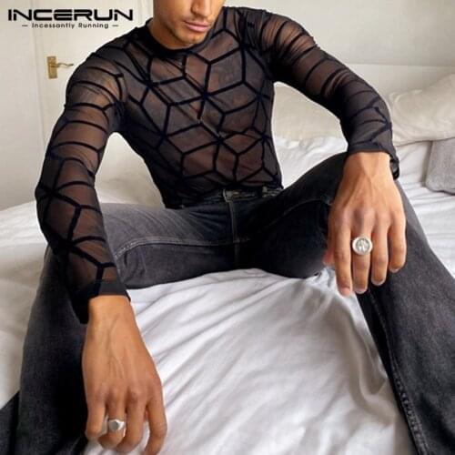 Men Mesh T Shirt Transparent Long Sleeve Printed Streetwear O Neck Sexy Tee Tops 2021 Nightclub Party T-shirts Camisetas INCERUN