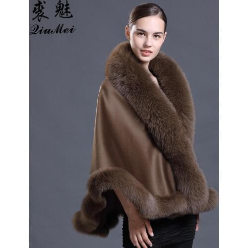 Brown Wool Pashmina Cashmere Coat Pashmina Shawls with Fur Pashmina Wool Scarf Fox Fur Collar Poncho Wrap Outwear Real Fur Coat