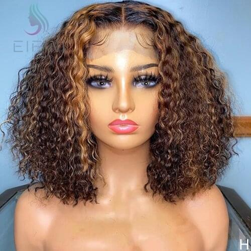Short Ombre Curly T Part Lace Human Hair Wigs With Baby Hair Remy Brazilian Hair Bob Lace Wigs Pre Plcuked HairLine Eifini Wigs