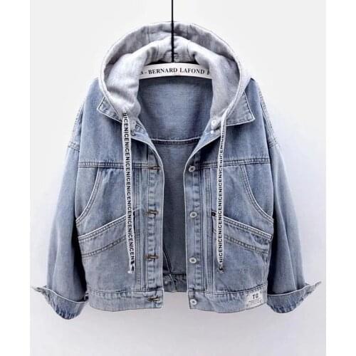 Denim Jacket Women Spring Autumn Short Girl Student Hooded Jean Jacket Female Long Sleeve pocket All-match Tops Outerwear