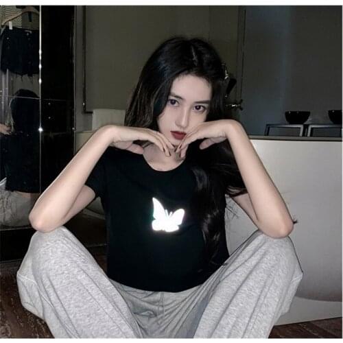 QRWR 2021 T Shirt Summer New Butterfly Reflective Print Casual T Shirt Women Loose Oversize Short Sleeves Solid Womens Top
