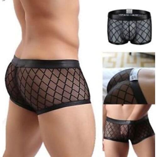Sexy Breathable Thin Boxer Black Men Mesh Transparent See Through U-convex Mens Underwear Lingerie Gay Wear Pants