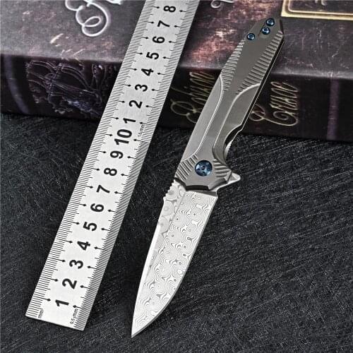 TIGEND Damascus Steel Folding Blade Titanium Knife Ball Bearing Mini Outdoor Knife With Survival EDC Tool Tactical Pocket Knives
