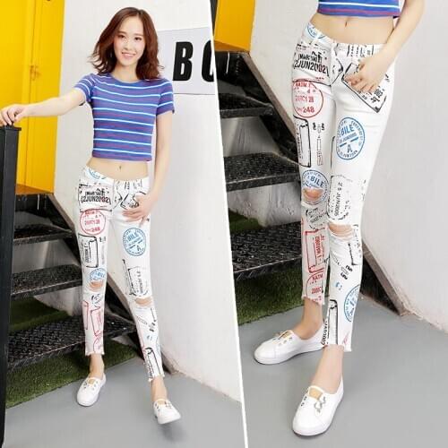 Skinny jeans women low waist denim pants Streetwear Graffiti Hole Pencil Pants Casual white Ripped jean