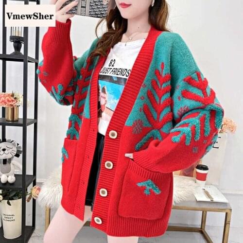 VmewSher Autumn Winter Christmas Women Cardigan Snow Partten Loose V Neck Knitwear Single Breasted Elegant Knitted Sweater Coat