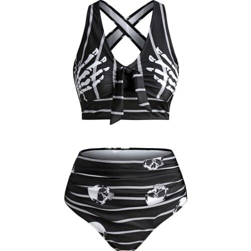 Wipalo Skull Striped Print Knot Front Padded Tankini Set Casual Summer Beach Wear Swimsuit Ladies Two Pieces Bathing Suits