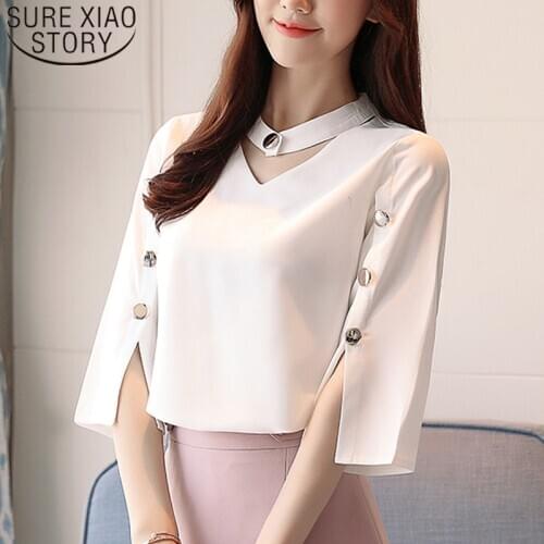 2020 Ladies' Tops Women Blouse Beading Solid White Shirt Blouse Clothes Harajuku Three Quarter V-Neck Chiffon Blouse 2994 50