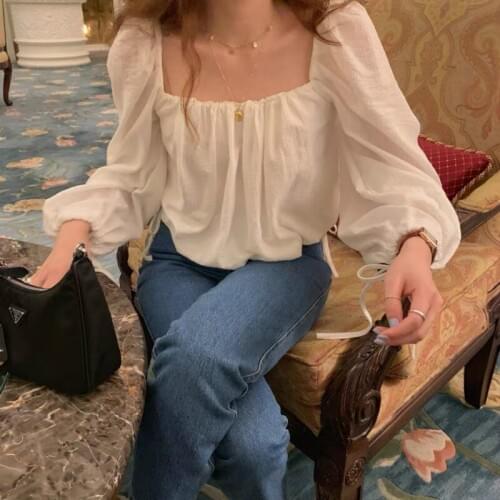Casual Tops Solid Color Women Summer Vintage Square Collar Long Sleeve Blouse Drawstring White Shirt Pullover