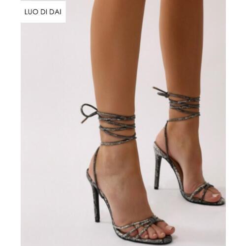 2019 summer women open toe sandals lace up high heels party shoes thin heel sandals sexy snakeskin print leather sandals