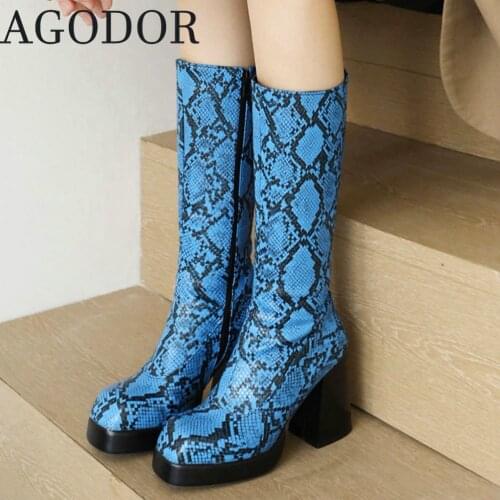 AGODOR Women Snake Skin Knee High Platform Boots Chunky High Heel Animal Knee High Boots Full Zip Tall Boots for Women Shoes