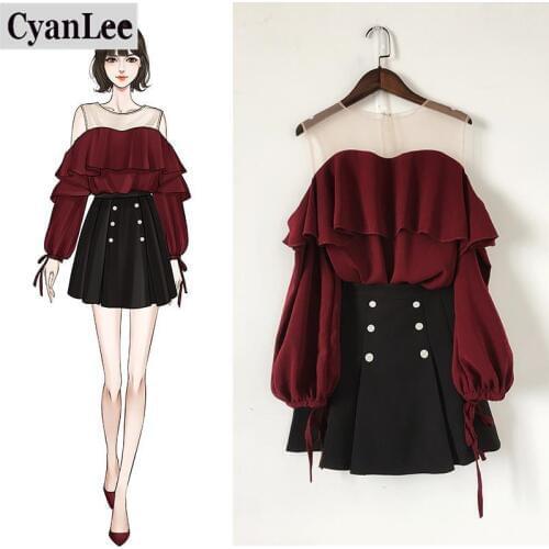 Cyanlee 2020 Summer Women Knitted Pullover Sweater Tops +A Line Draped Solid Skirt Two Piece Sets Female Ruffles Casual Suit