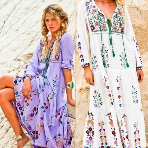 2018 Free shipping womens embroidery flower maxi long dress people fashion boho long dress fall bohemian hippie holiday dresses