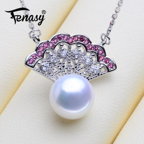 FENASY Natural Freshwater Pearl Pendant Necklace For Women 925 Sterling Silver Sector Shape Pendant Pink Zircon Fine Jewelry