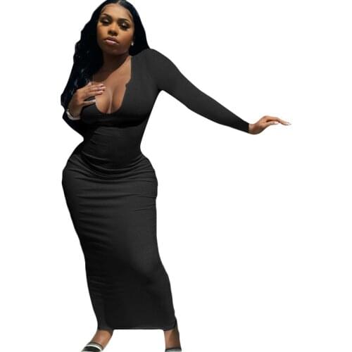 Sexy Women Full Sleeve Solid Color Knit Ribbed Deep V-neck Streetwear Long Dress Summer Clothes For Women Vestidos