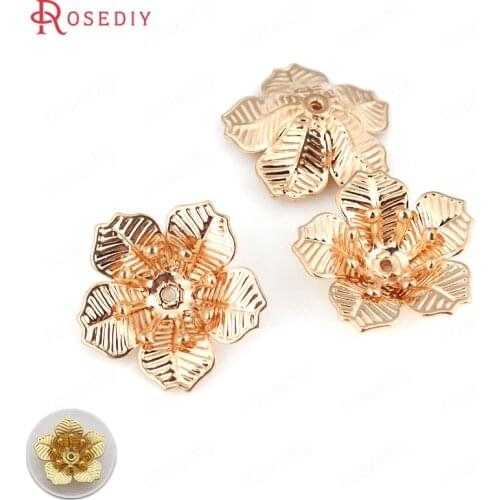 20PCS 17MM 24K Gold Color Plated Brass 3D Flowers Spacers Beads Caps High Quality Diy Jewelry Accessories Wholesale