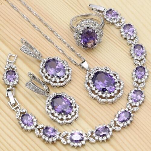 925 Silver Party Jewelry Sets For Girls Purple Cubic Zirconia White Crystal Ring/Bracelet/Necklace/Pendant/Earrings Silver Kits