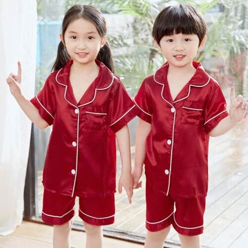 Boy Girls Satin Silk Pajamas Sets Summer Baby Girl Sleepwear Short Suit Red Pink Solid Pijama Set Kids Pyjamas Children Clothing