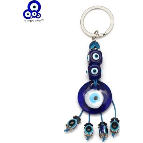 Lucky Eye Tassel Blue Turkish Evil Eye Beads Glass Pendant Keychain Car Keyring Alloy Silver Color Key Chain for Women Men BE67