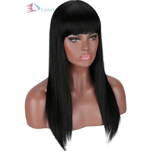 Uenel Black Wig 22 inches Full Long Straight Hair Wig for Women Heat Resistant Synthetic Hair Womens Wig With Hair Bangs