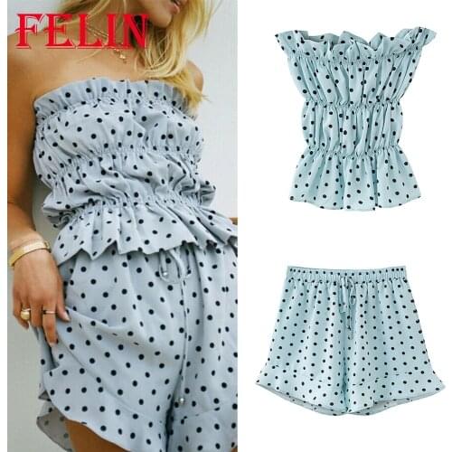 FELIN Za 2021 Vintage Women Sets 2 Pieces Ruffles Elastic Sexy Tube Tops Mujer and High Waist Wide Leg Shorts Streetwear Suits