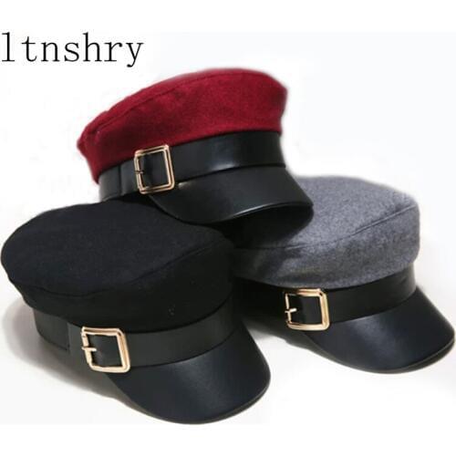 2019 Fashion wool Solid Visor Military Hat Autumn and Winter Vintage Patchwork PU Beret Cap For Women England Style Flat Cap