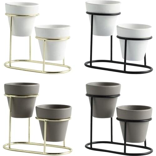 2Pieces Ceramic Succulent Pots Flower Planter with Metal Plant Vase Stand Holder Shelf Rack Home Decor