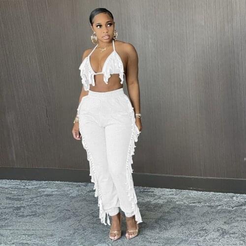 TNNAOFF Tassel Two Piece Set for Women Sling Strapless Breast Wrap Summer Sexy Sweatpants Wholesale Items Clubwear Matching Sets