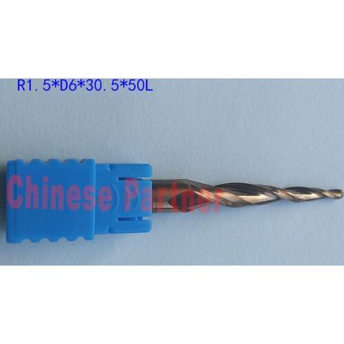 2pcs/lot R1.5*D6*30.5*50L*2F HRC55 Golden Tungsten solid carbide Tapered Ball Nose End Mill cone milling cutter wood carving