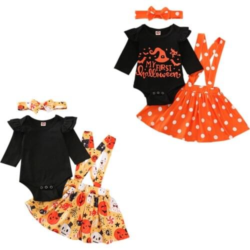 Infant Baby Girl’s Skirt Three Piece Suit Fashion Solid Color Long Sleeve Jumpsuit Pumpkin Print Suspender Skirt and Headband