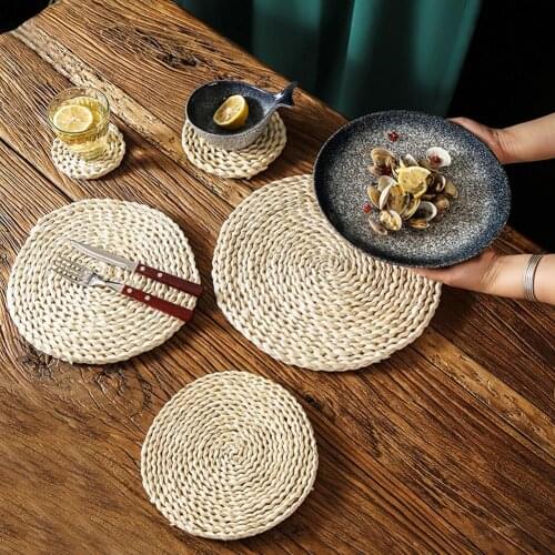 Round Woven Rattan Corn Straw Woven Handmade Natural Heat Kitchen Accessories Husk Dining Table Cup Coaster Grass Mats Placemats